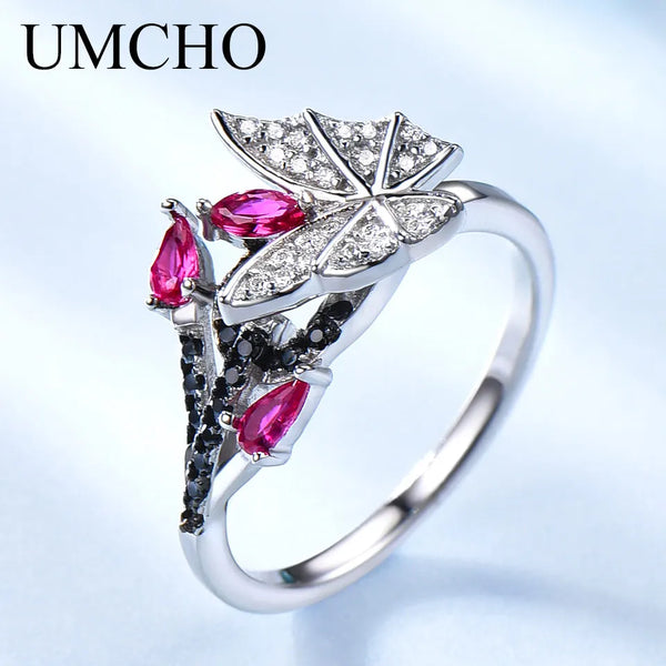 Sterling Silver Black Spinel & Ruby Butterfly Ring for Women