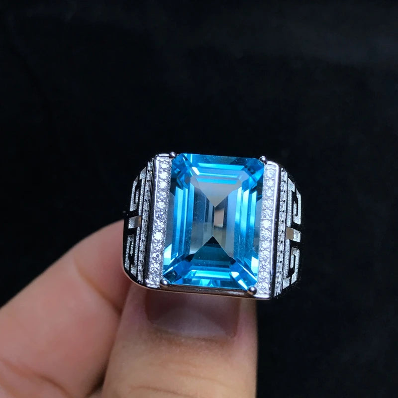 925 Silver Topaz Men's Ring with 8 Carat Gems, Exquisite Craftsmanship