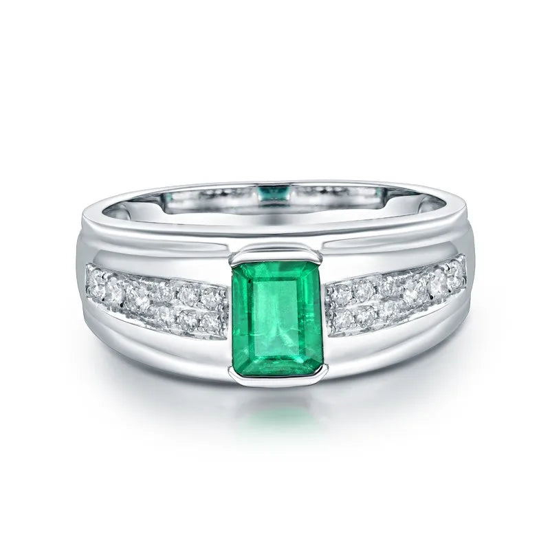 14K White Gold Emerald Diamond Engagement Ring for Men