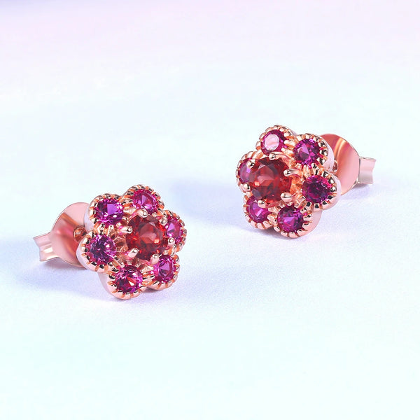 Rose Gold 925 Sterling Silver Natural Red Garnet Flower Earrings for Women