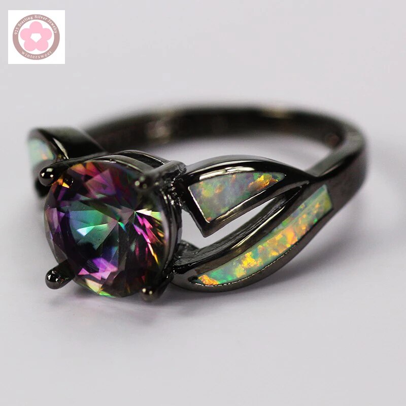 Sterling Silver Rainbow Crystal & Fire Opal Cocktail Ring for Women