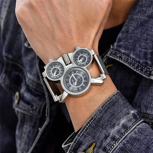 Stainless Steel Mesh Watch with Three Time Zone Display for Men