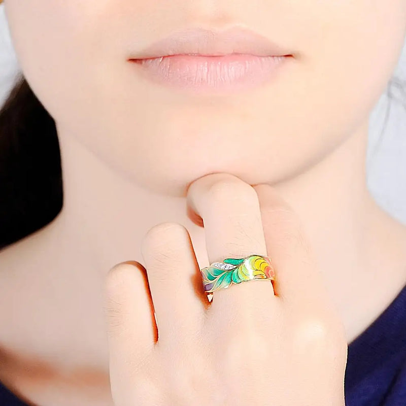 Silver Ring with Cubic Zirconia & Enamel for Women