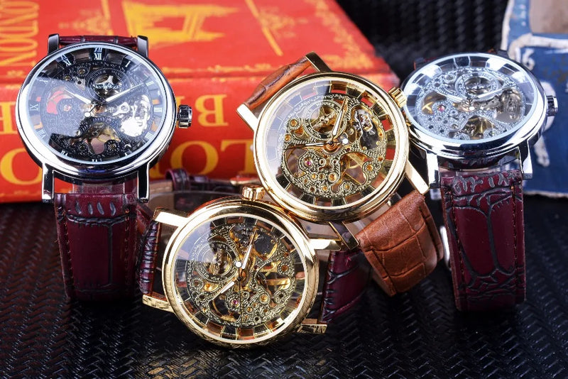 Transparent Leather Strap Skeleton Watch for Men