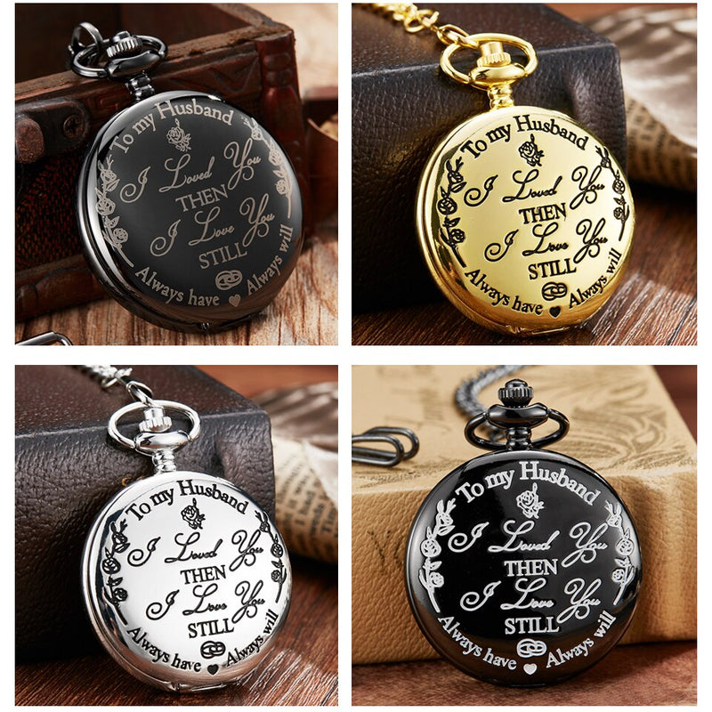 Stainless Steel Laser Engraved Pocket Watch with Chain for Men