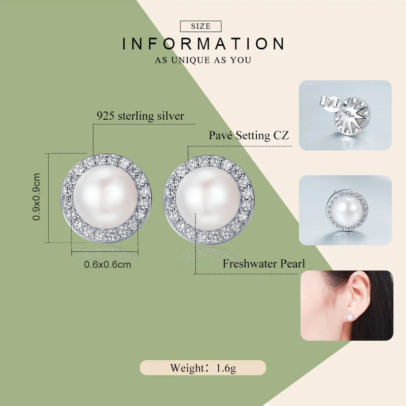 925 Sterling Silver Freshwater Pearl CZ Stud Earrings for Women