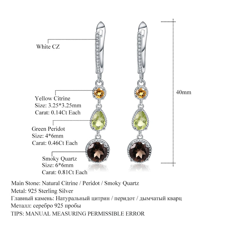 925 Sterling Silver Citrine Peridot Smoky Quartz Drop Earrings For Women