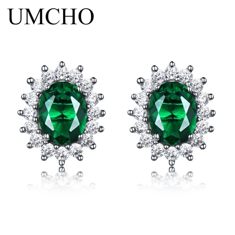 925 Sterling Silver Created Emerald Stud Earrings For Women