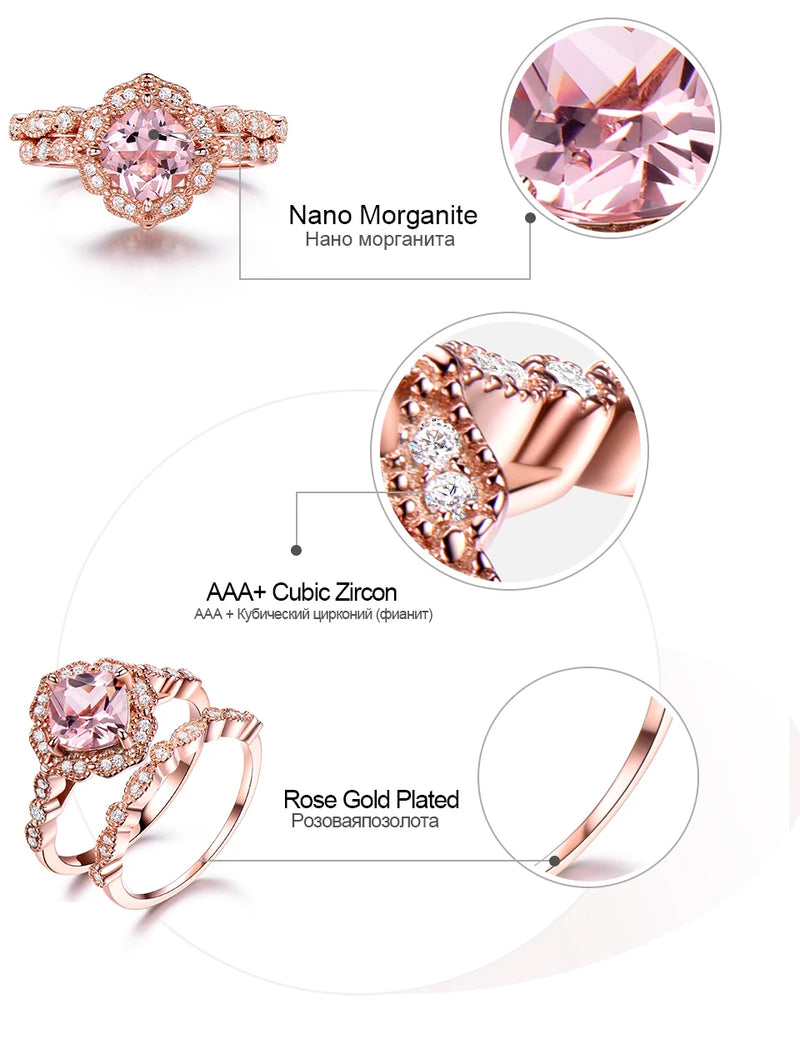 Sterling Silver Nano Morganite Rose Gold Plated Double Rings 7mm for Women