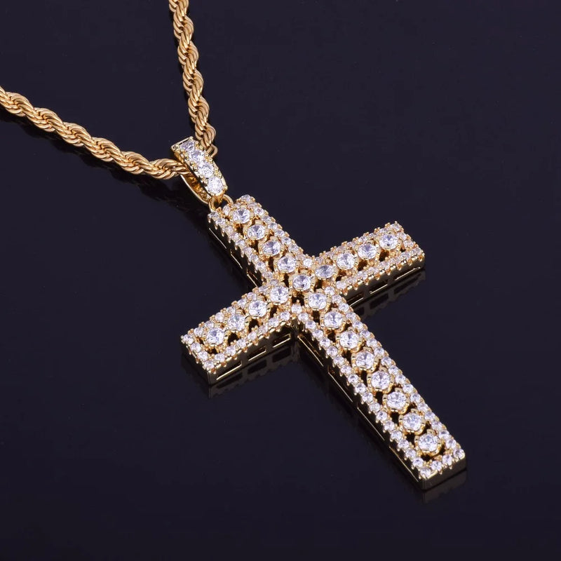 Gold Color Copper Bubble Letter Cross Pendant Necklace with Bling Zircon, for Men and Women