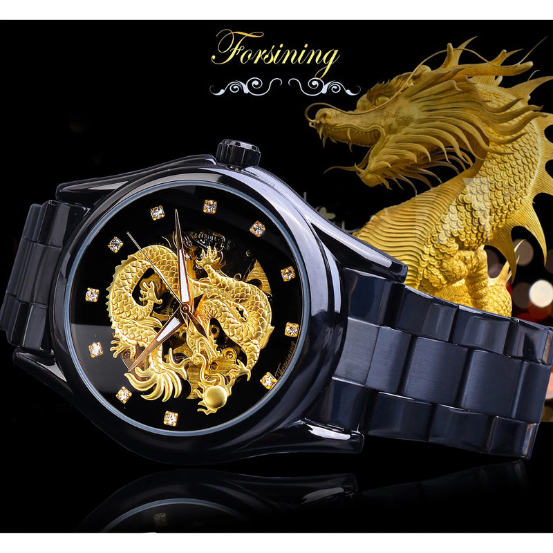 Stainless Steel 3D Carved Dragon, Automatic, Skeleton Watch for Men