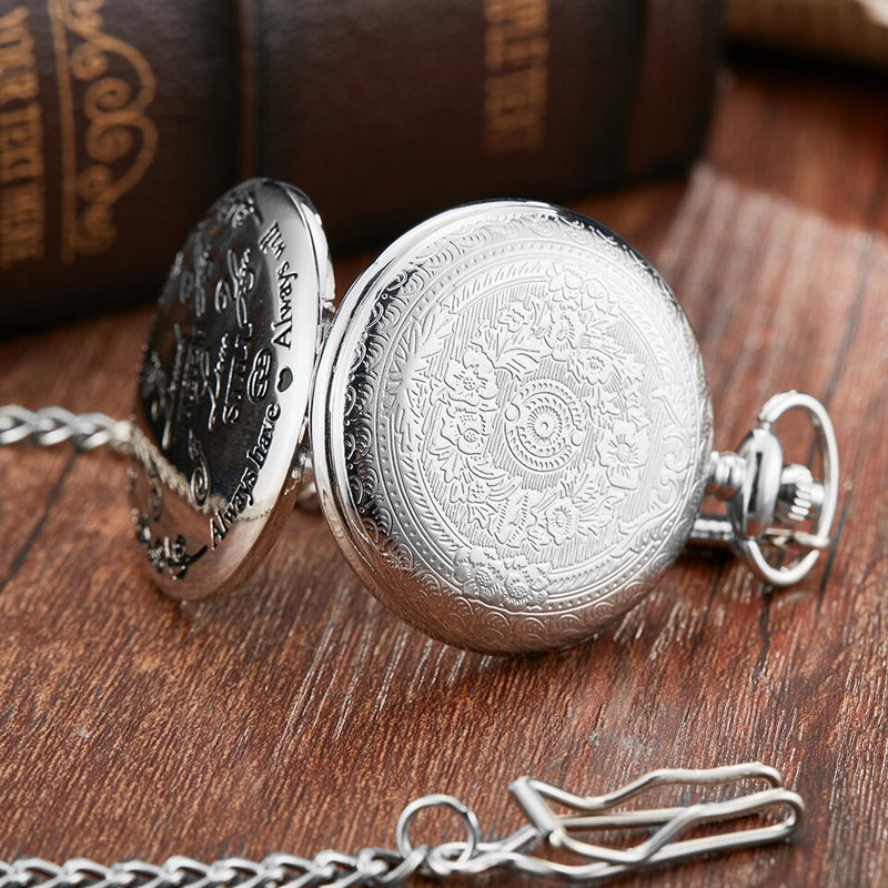 Stainless Steel Laser Engraved Pocket Watch with Chain for Men