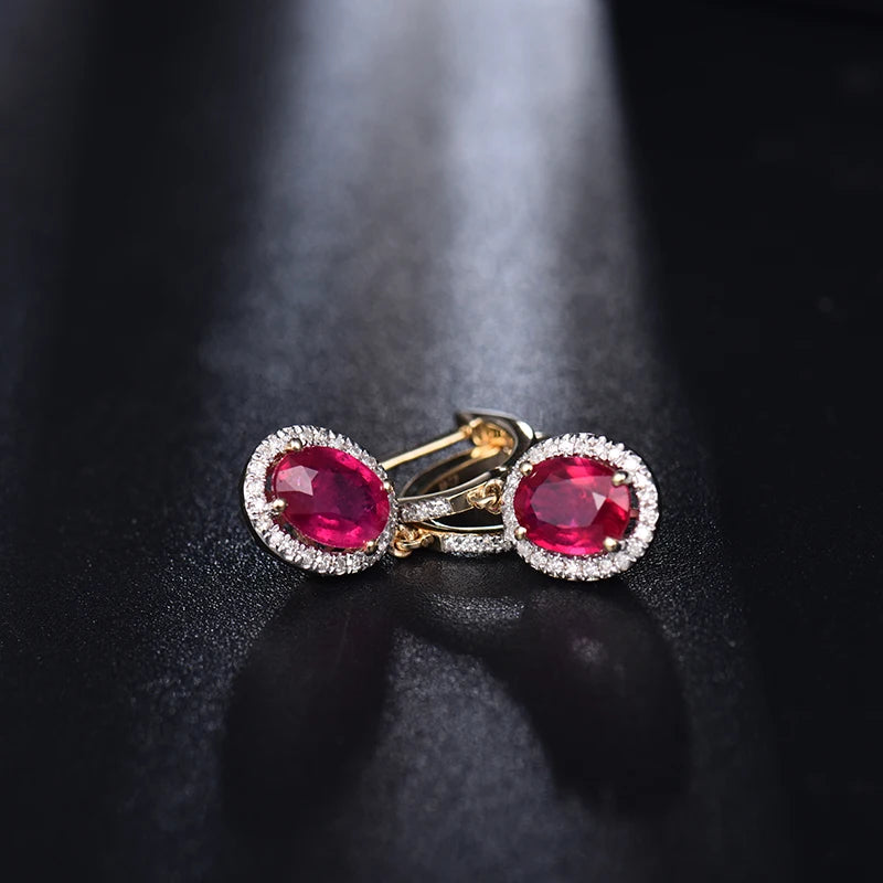 14K Yellow Gold Natural Red Ruby Diamond Earrings for Women