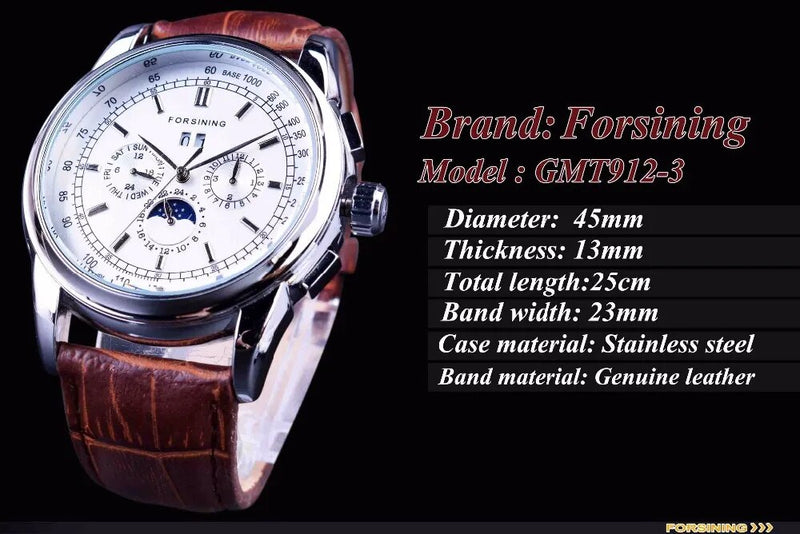 Stainless Steel Brown Leather Moonphase Calendar Automatic Mens Watch