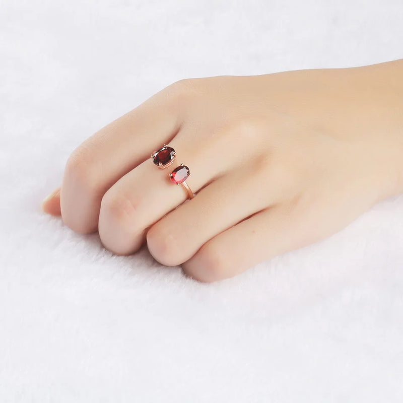 Sterling Silver Rose Gold Plated Oval Double Garnet Ring for Women