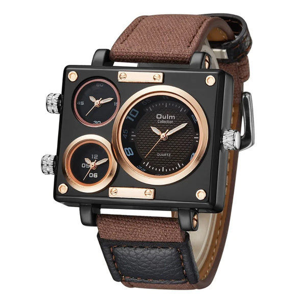 Luxury Designer Square-Face Watch with Three Time Zones for Men