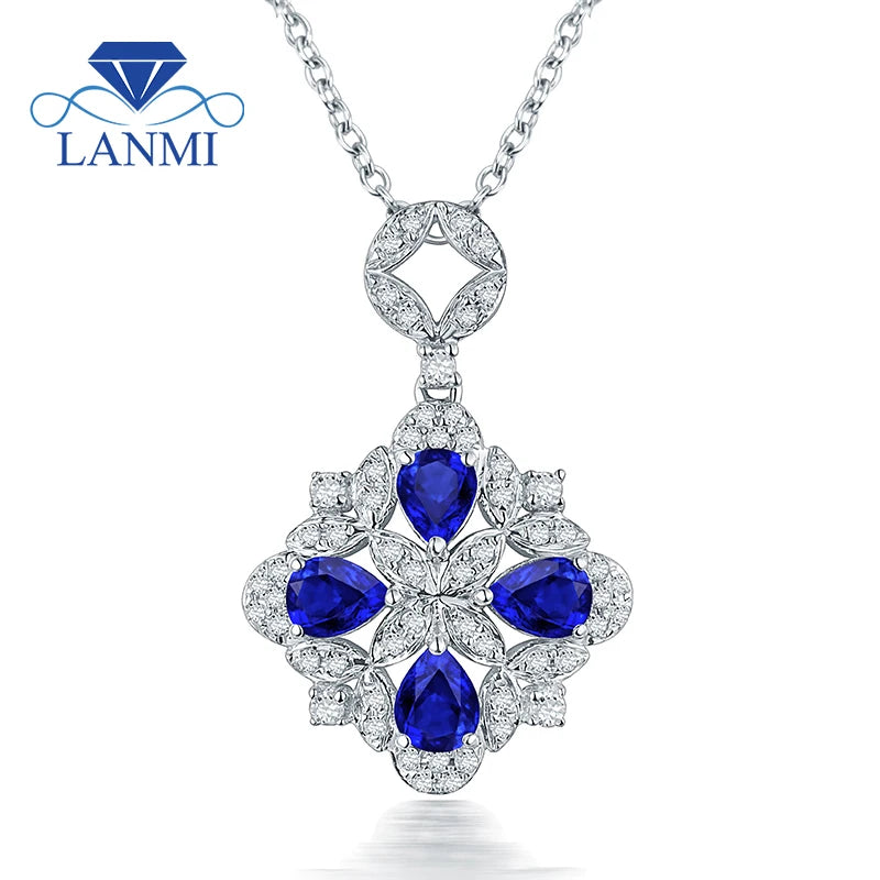 14K White Gold Blue Sapphire Diamond Pendant Necklace for Women