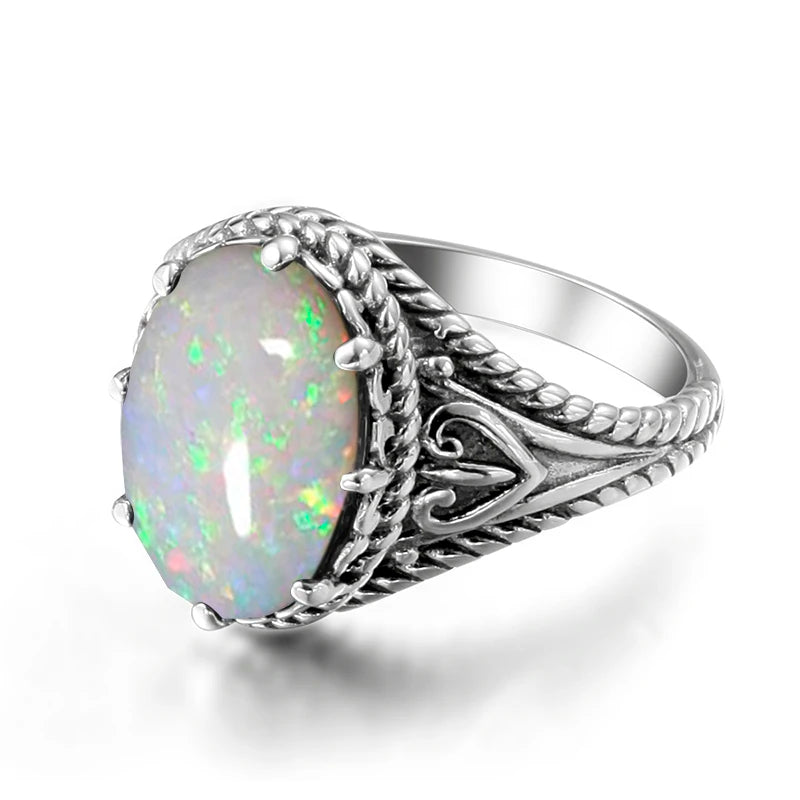 925 Sterling Silver Oval Egg Opal Ring for Women