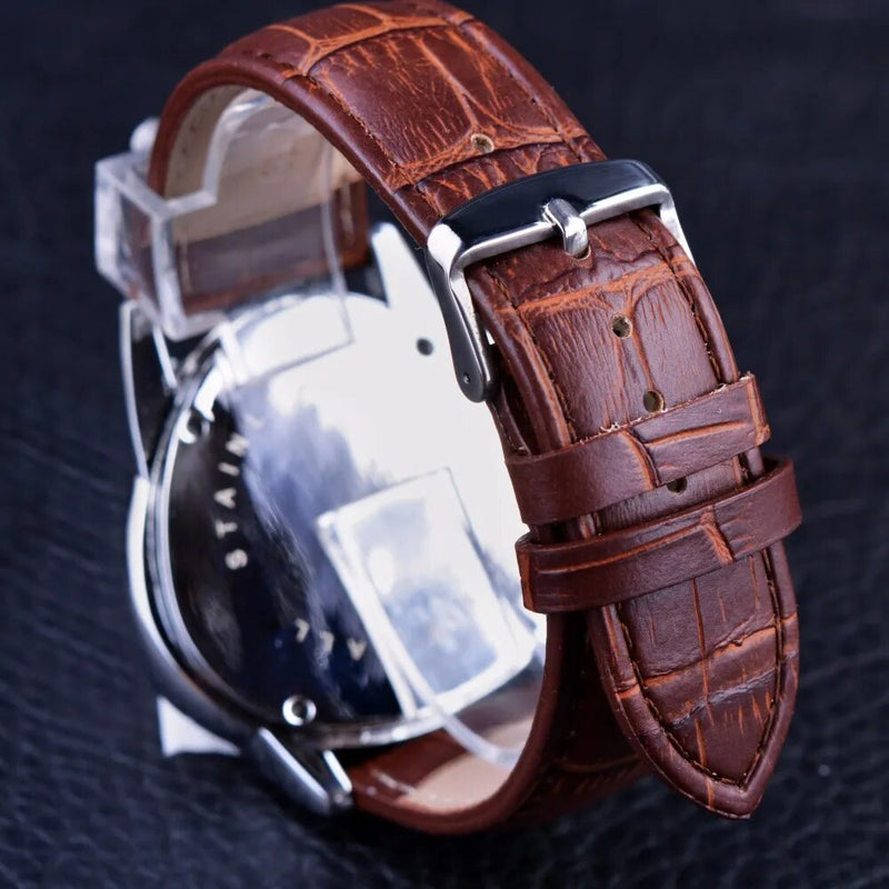 Brown Leather Strap Automatic Watch with Geometric Triangle Design for Men