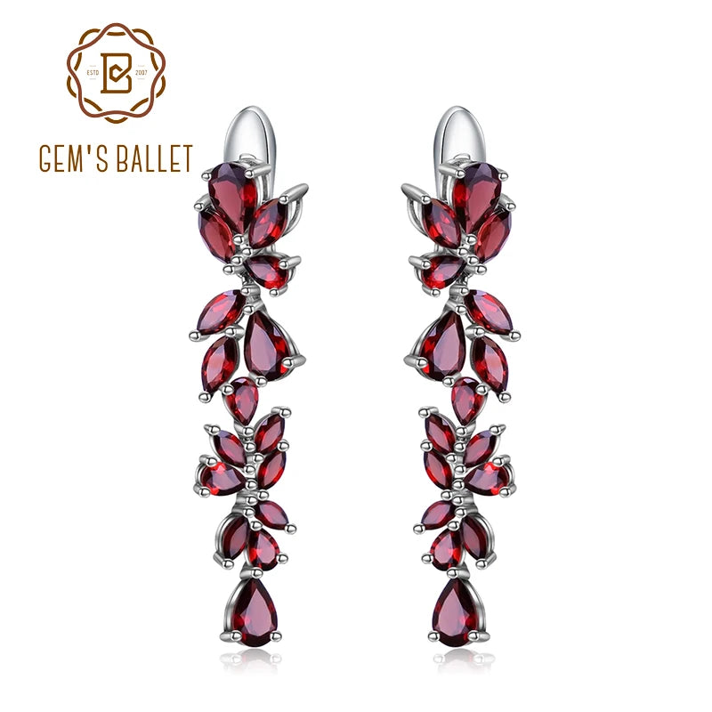 925 Sterling Silver Natural Garnet Leaves Branches Earrings for Women