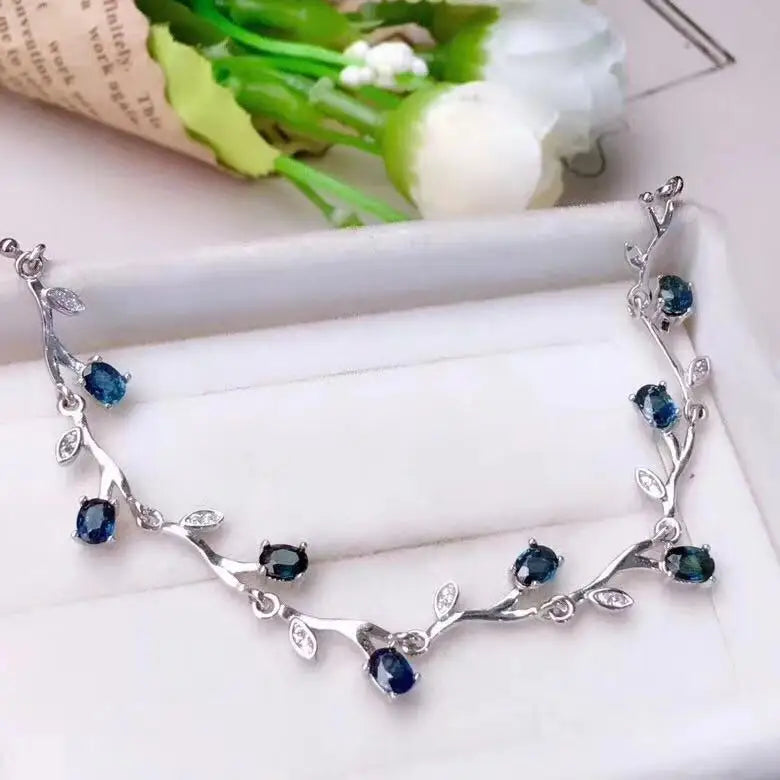 925 Sterling Silver Natural Blue Sapphire Stone Bracelet for Women