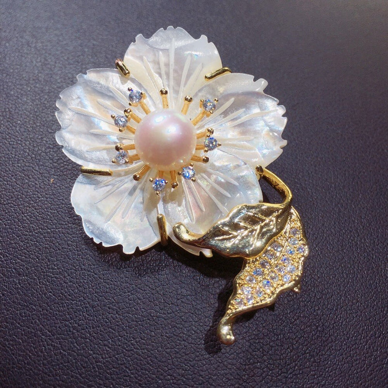 Silver Freshwater Pearl Shell Flower Brooch Pins for Women