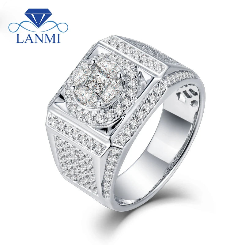 18K White Gold Princess and Round Cut Diamond Wedding Band for Men