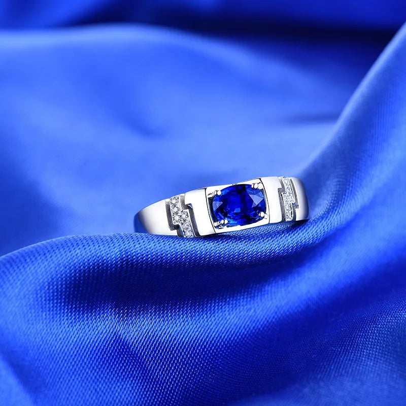 14K White Gold Blue Sapphire Ring for Men