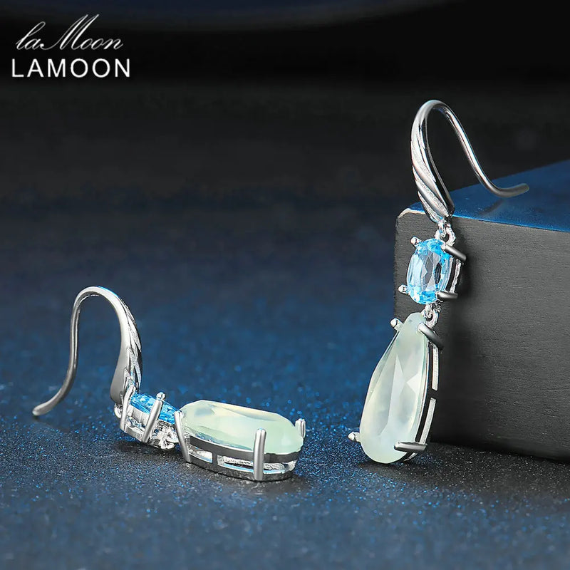 Sterling Silver Prehnite and Blue Topaz TearDrop Earrings for Women