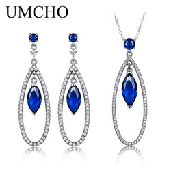 Sterling Silver Blue Sapphire Pendant and Drop Earrings Set for Women