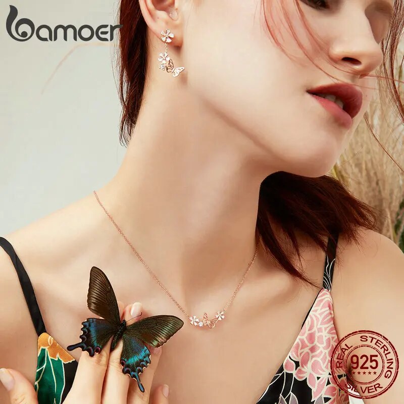 Sterling Silver Butterfly and Flower Enamel Choker Necklace for Women