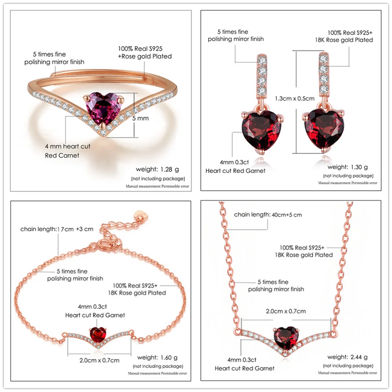 Sterling Silver 925 Red Garnet Heart Pendant Necklace Set For Women