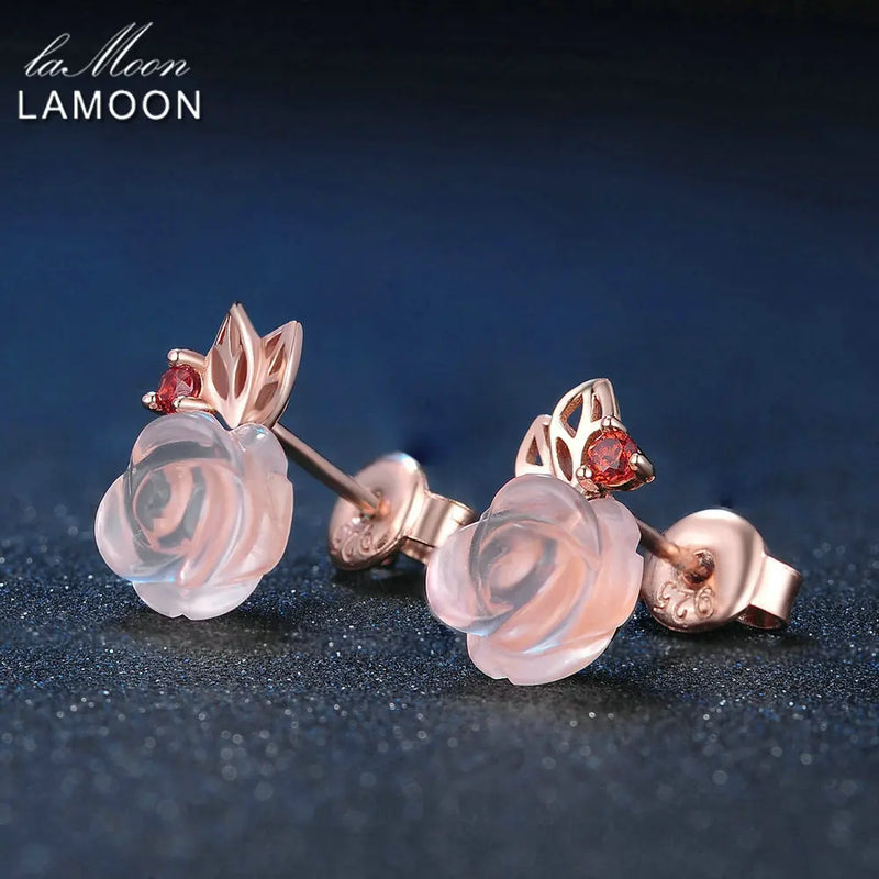 Sterling Silver Natural Rose Quartz Rose Flower Stud Earrings for Women