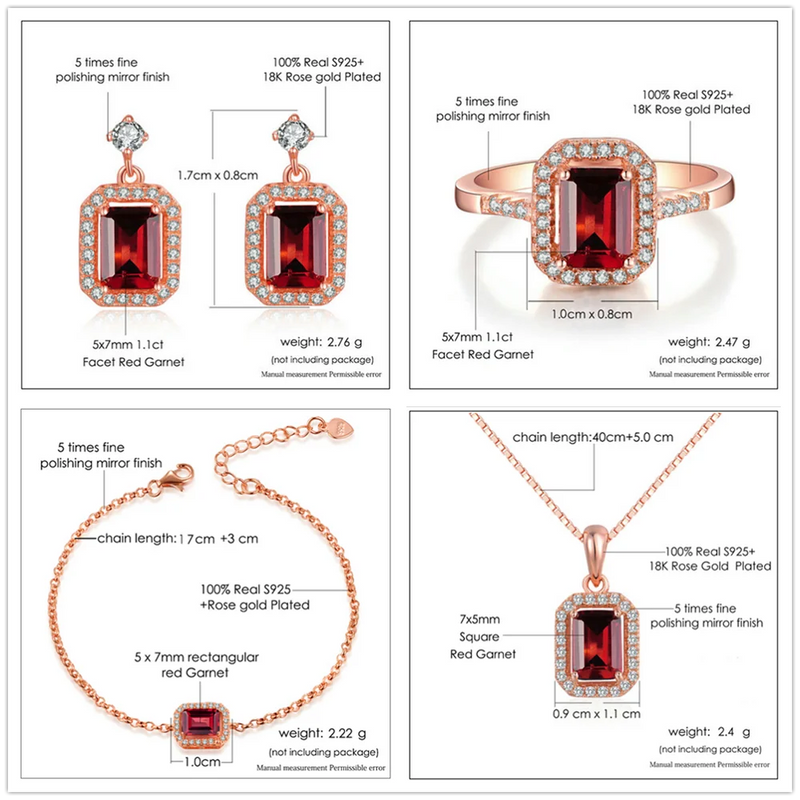 Sterling Silver 925 Garnet Gemstone Rose Gold Plated Jewelry Set For Women