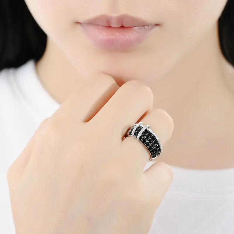 925 Sterling Silver Ring with + Cubic Zirconia and Black Stones for Women