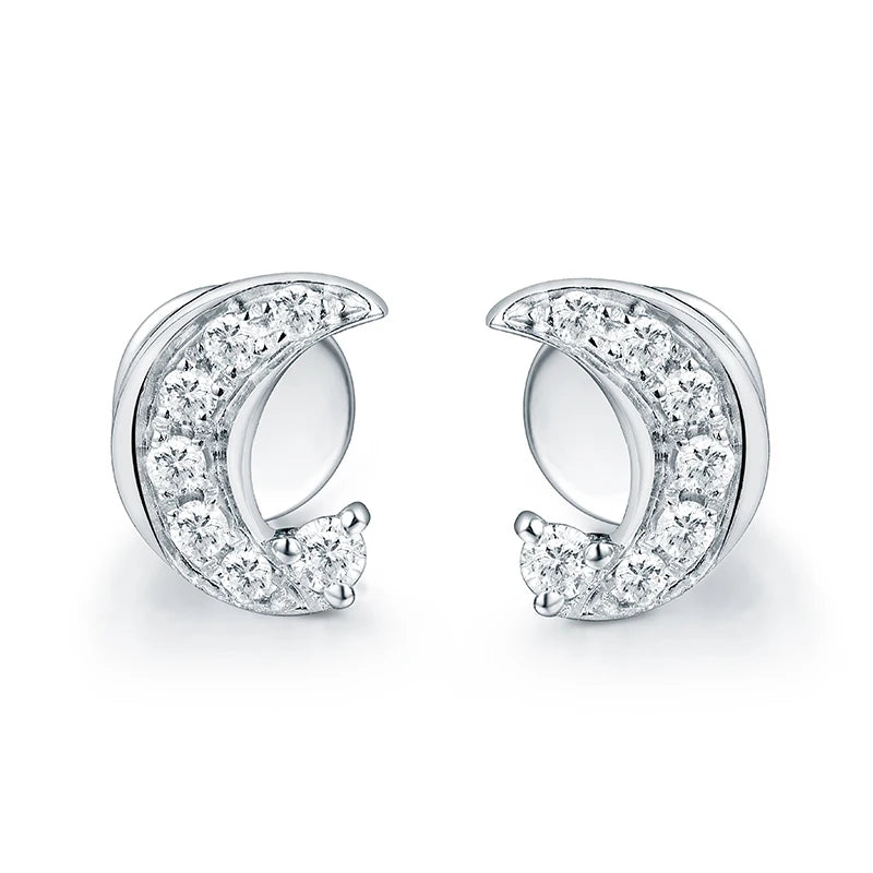 18K White Gold Star Moon Diamond Stud Earrings for Girl