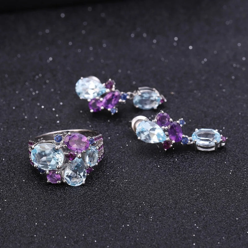 Sterling Silver Natural Sky Blue Topaz and Amethyst Candy Rings for Women