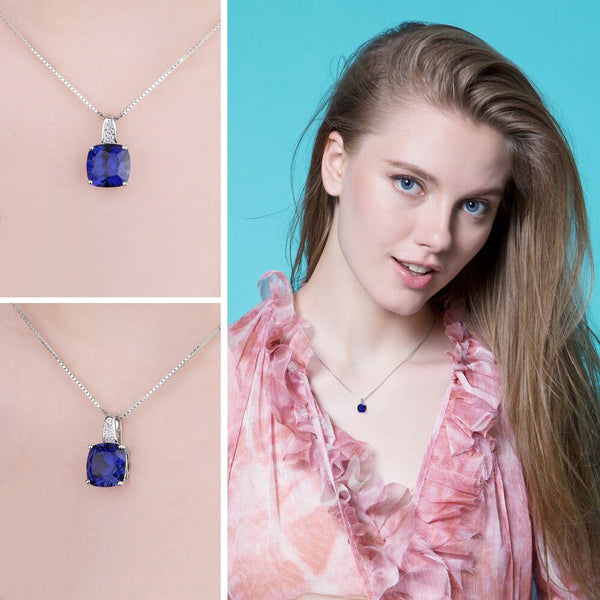 Sterling Silver Cushion Cut 4.7ct Blue Sapphire Pendant Necklace for Women