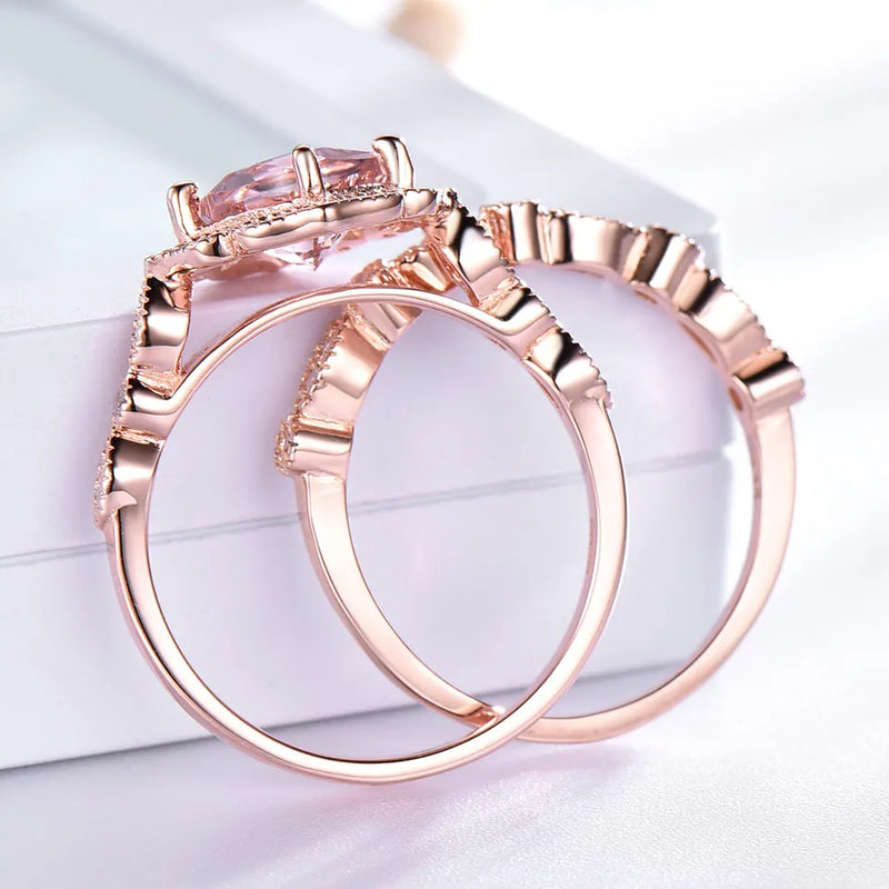 Sterling Silver Nano Morganite Rose Gold Plated Double Rings 7mm for Women