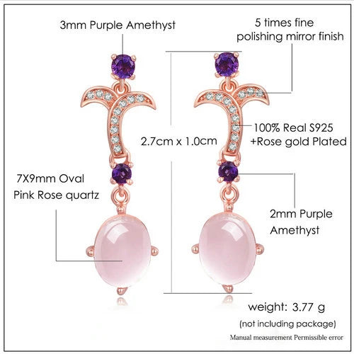 Sterling Silver Oval Pink Rose Quartz Drop Earrings for Women