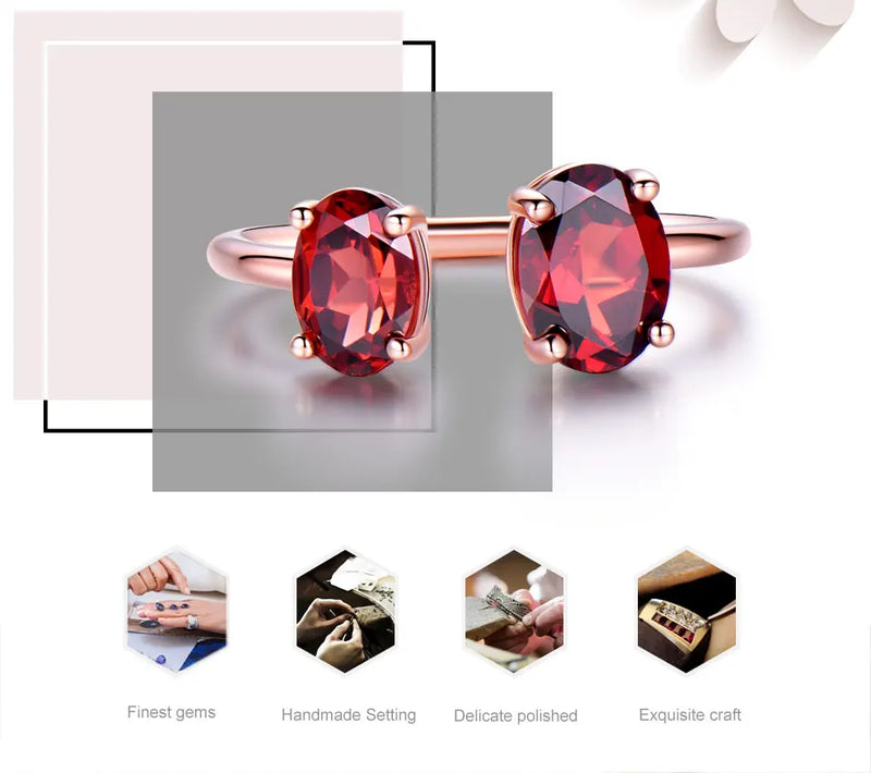 Sterling Silver Rose Gold Plated Oval Double Garnet Ring for Women