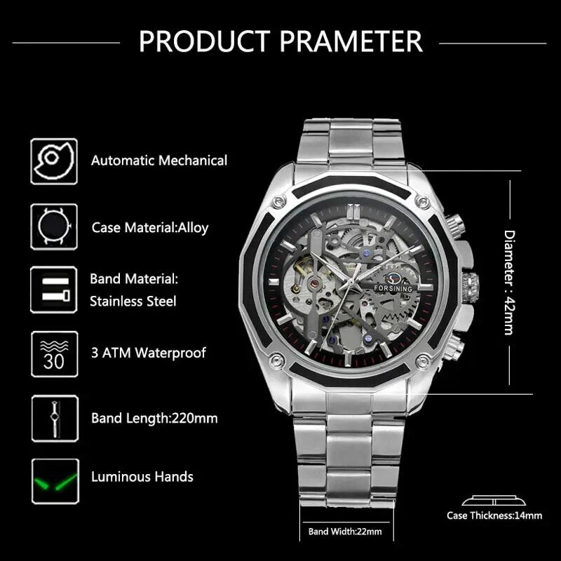 Stainless Steel Skeleton Automatic Mechanical Watch for Men