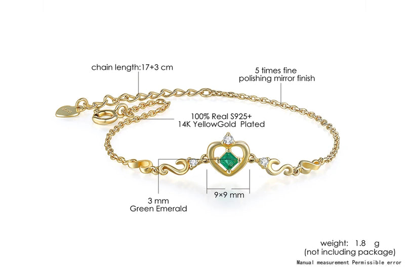 14K Yellow Gold Plated Charm Bracelet with 0.2ct Emerald for Women