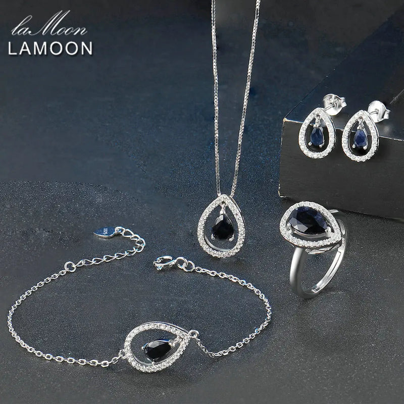 925 Sterling Silver Blue Sapphire Teardrop Jewelry Set for Women