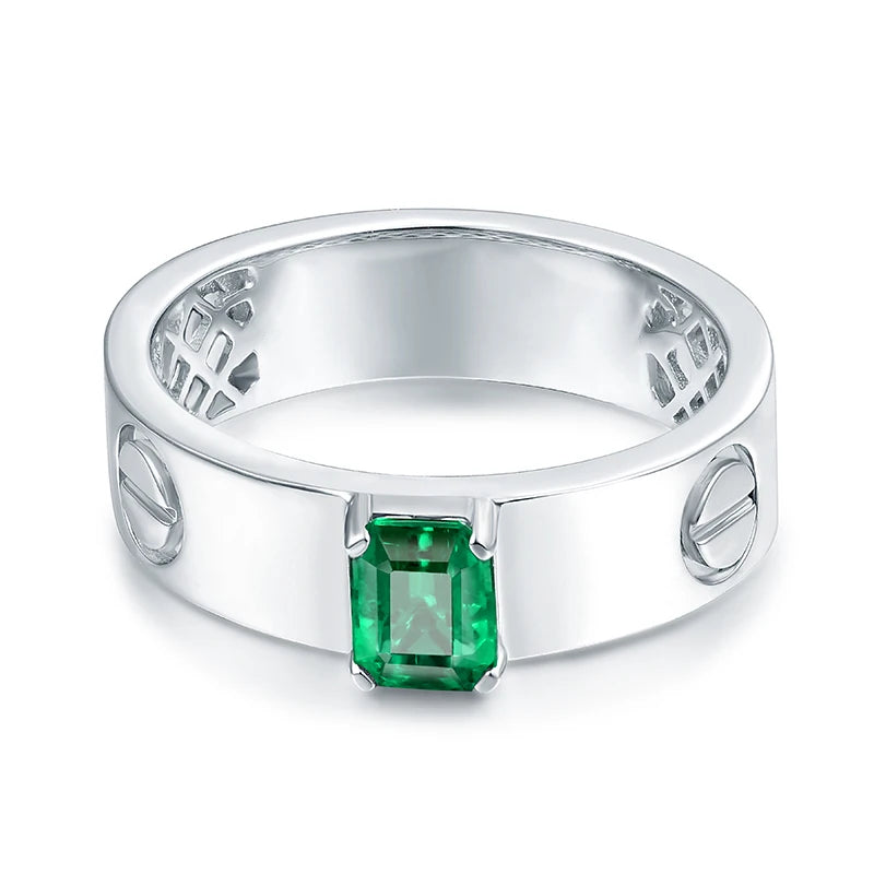 Solid 14K White Gold Green Colombian Emerald Diamond Ring for Men