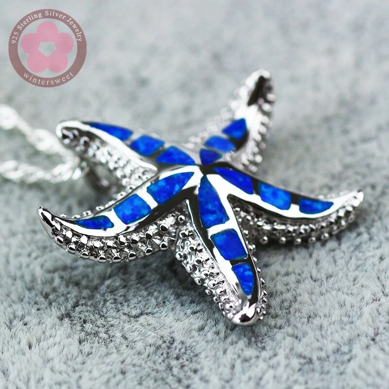 Sterling Silver Blue Opal Gemstone Sea Star Pendant for Women & Men