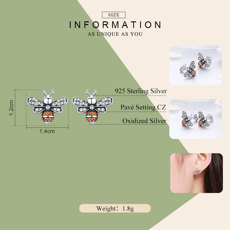 Sterling Silver Clear CZ Bee Stud Earrings for Women