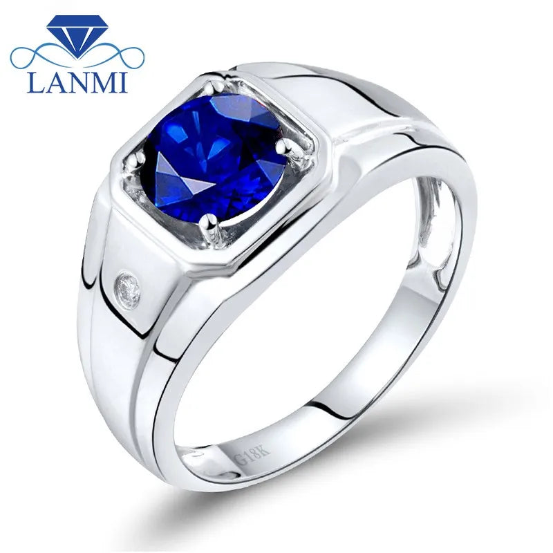 18kt White Gold Round Diamond Sapphire Men's Ring