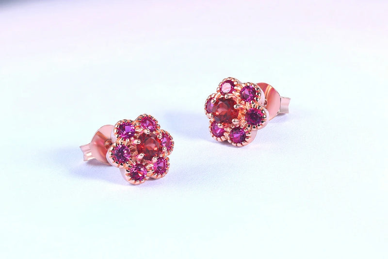 Rose Gold 925 Sterling Silver Natural Red Garnet Flower Earrings for Women