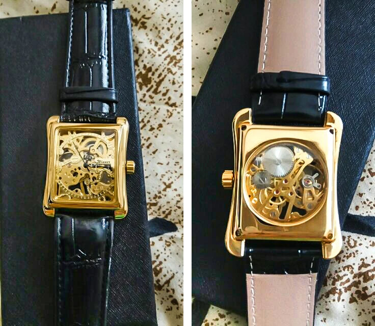 Golden Rectangle Dial Hollow Skeleton Mechanical Watch for Men